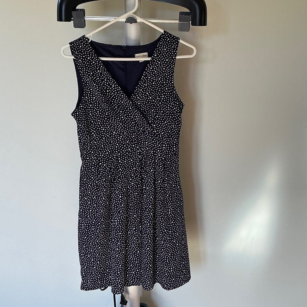 Maison Jules Navy Blue and White Polka Dot Sleeveless V-Neck Dress, Size Small
